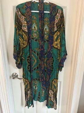 Free People Green Patterned Bohemian Top with Gold Accents